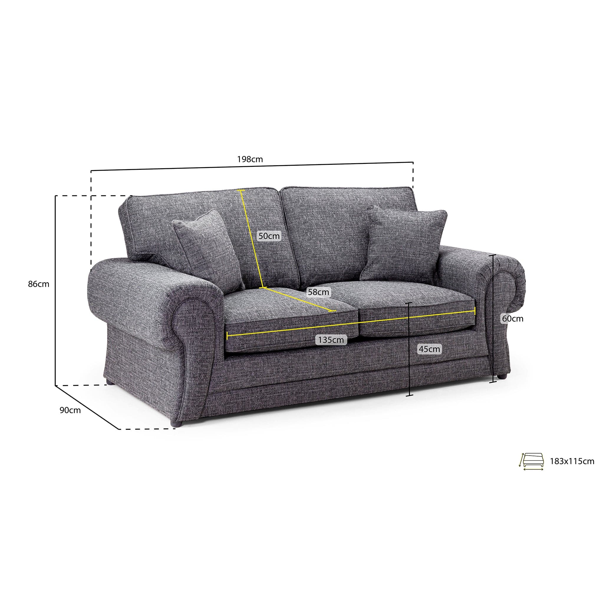 York Sofabed Grey Three Seater - Measurement view (7026904531008)