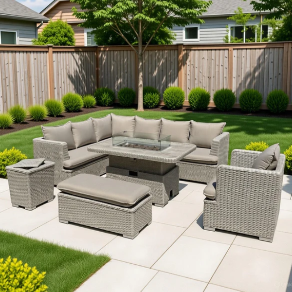 Asha Corner Rising Fire Pit Dining Set - Grey/Beige-lifestyle