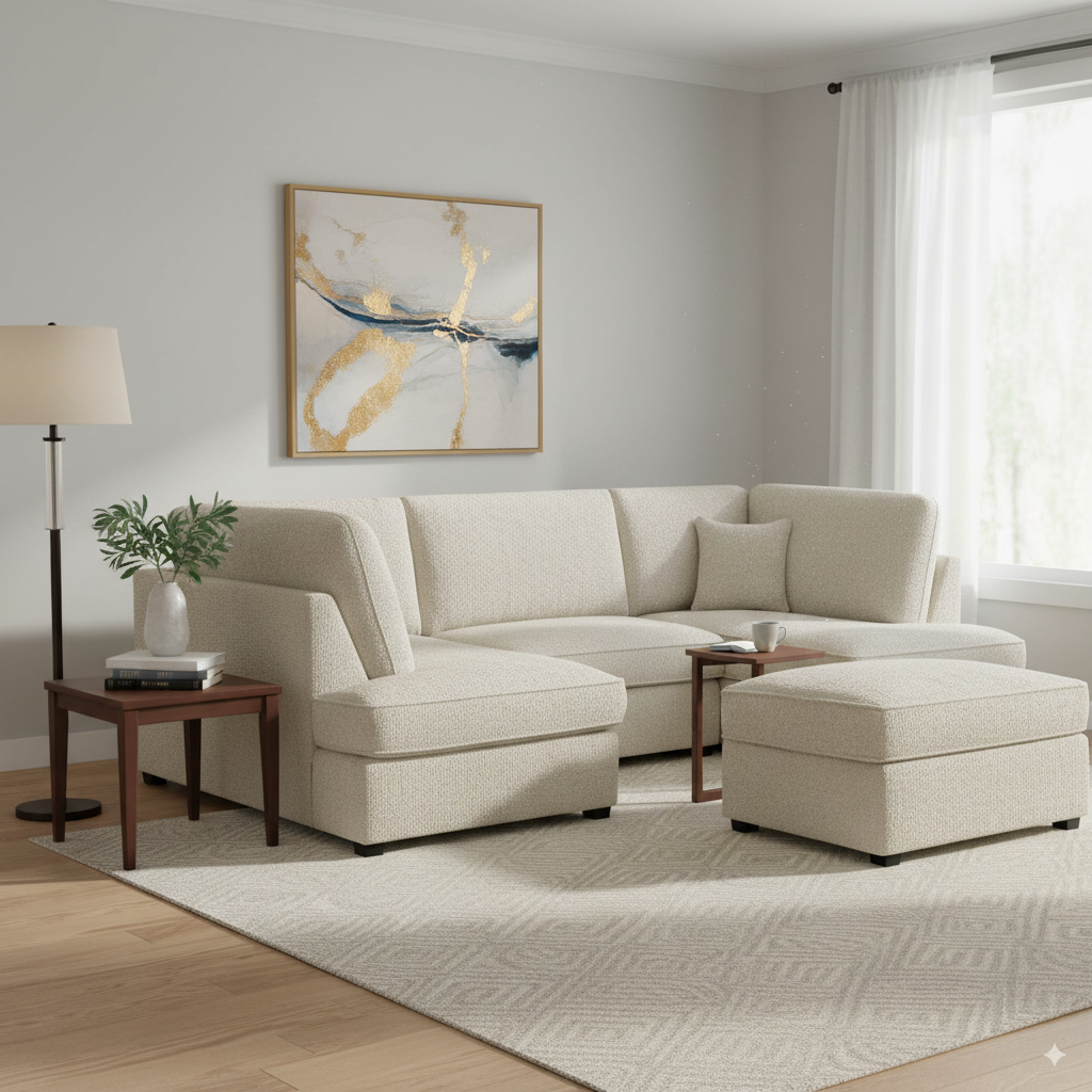 Camden U-Shape Corner Sofa with Footstool – Beige Boucle (7022932656192)