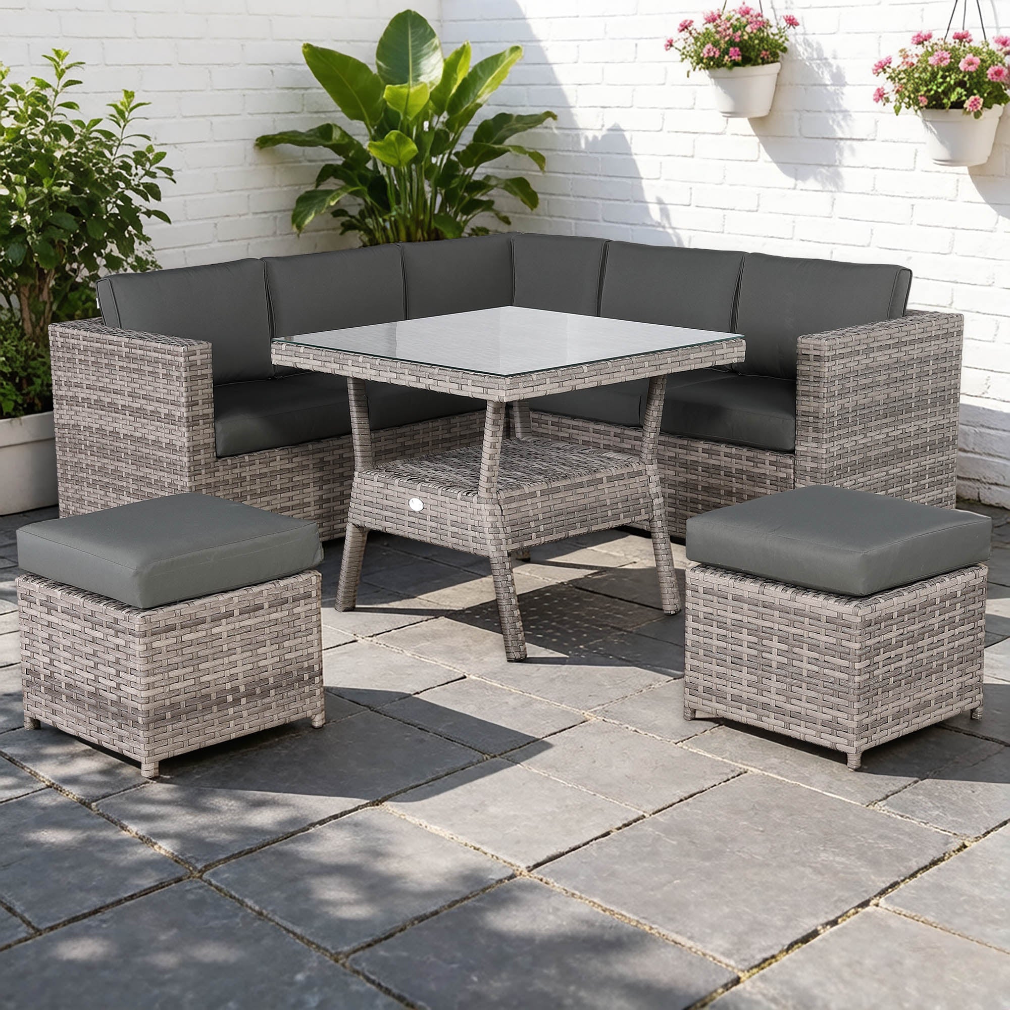 Genoa Corner Sofa Dining Set with 2 Stools in Grey - AMC Furniture