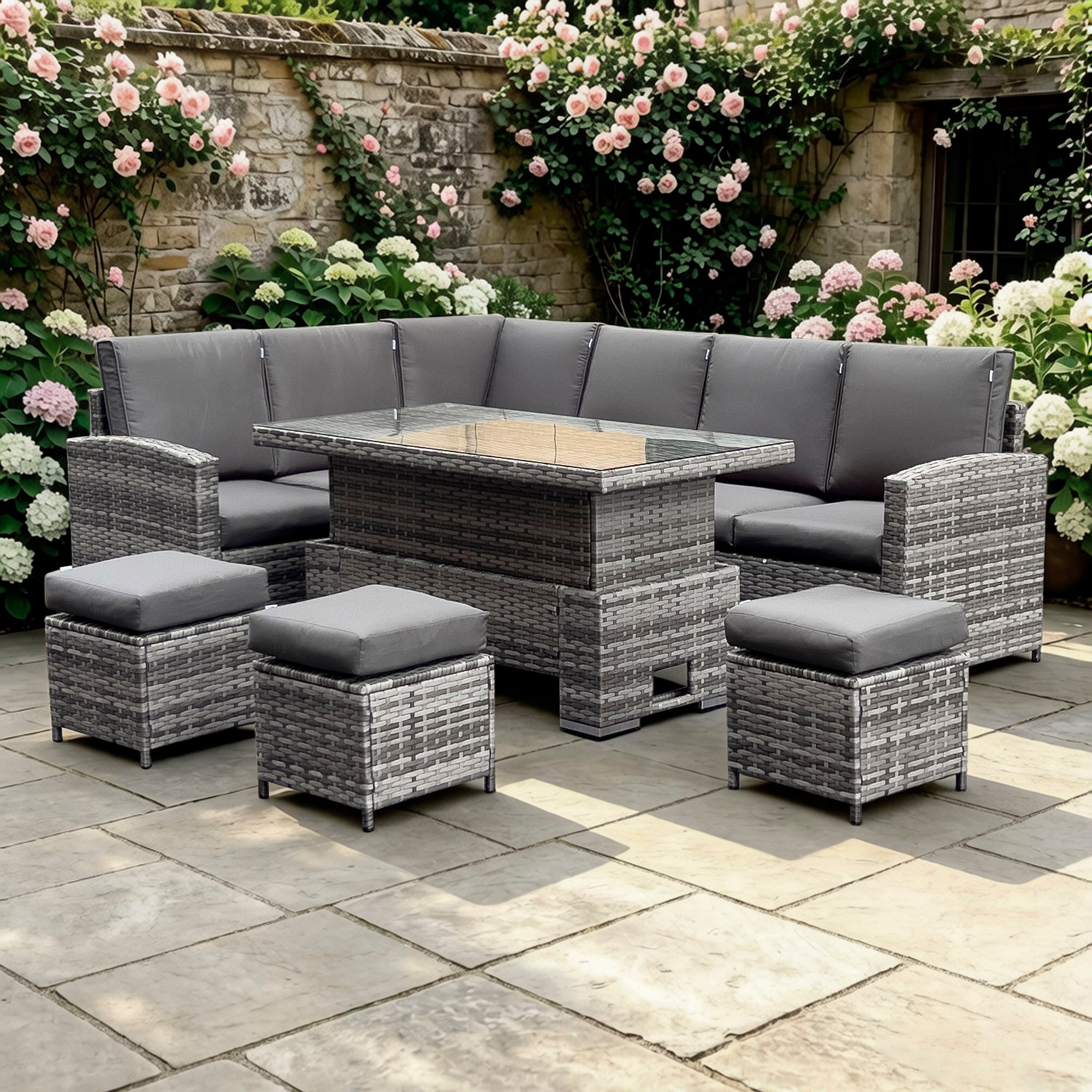 Rhodes Corner Sofa Dining Set with Rising Table in Grey - AMC Furniture