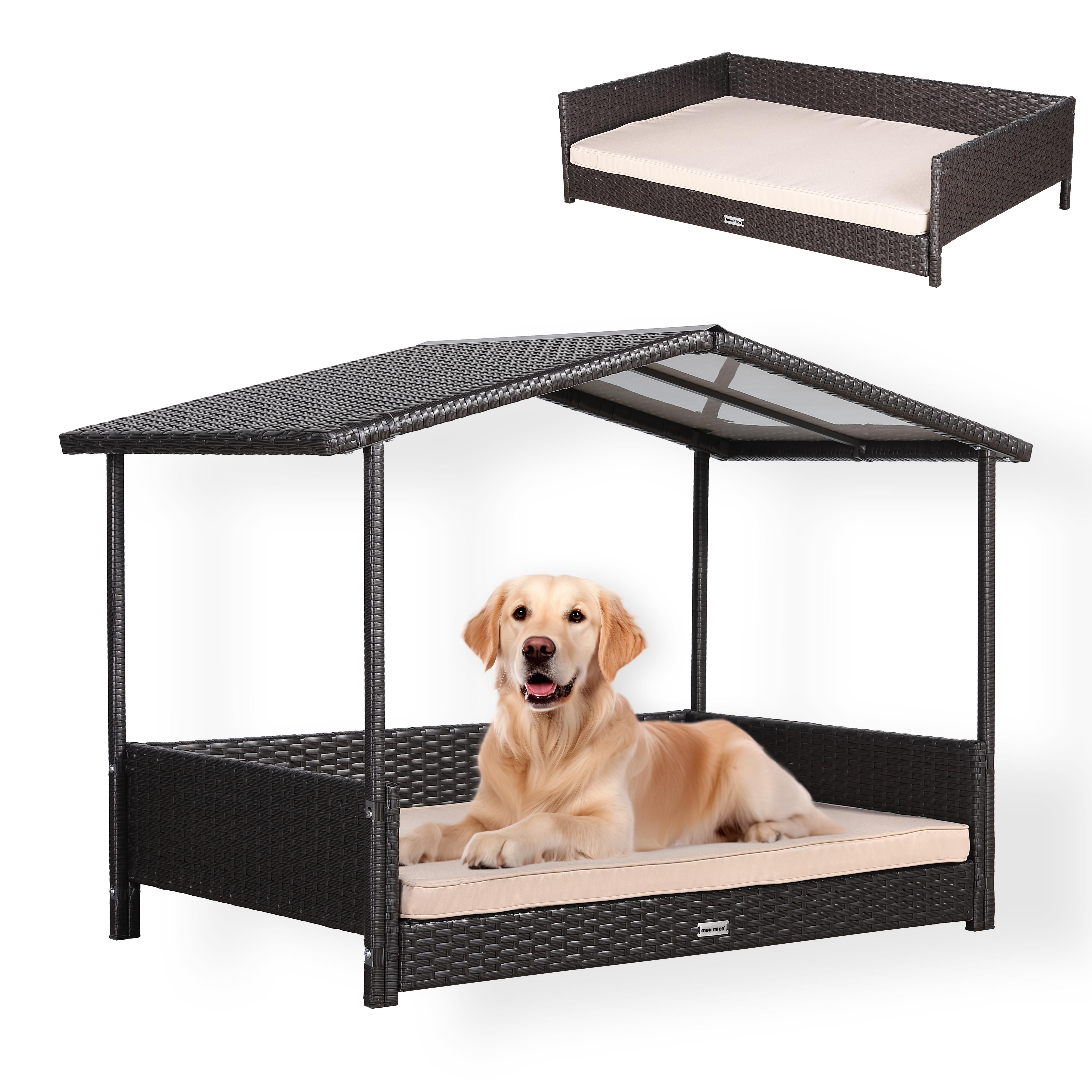 Small Rattan Dog Bed for Indoor/Outdoor with Weatherproof Roof and Removable Cushion Lounge in Brown Weave - AMC Furniture