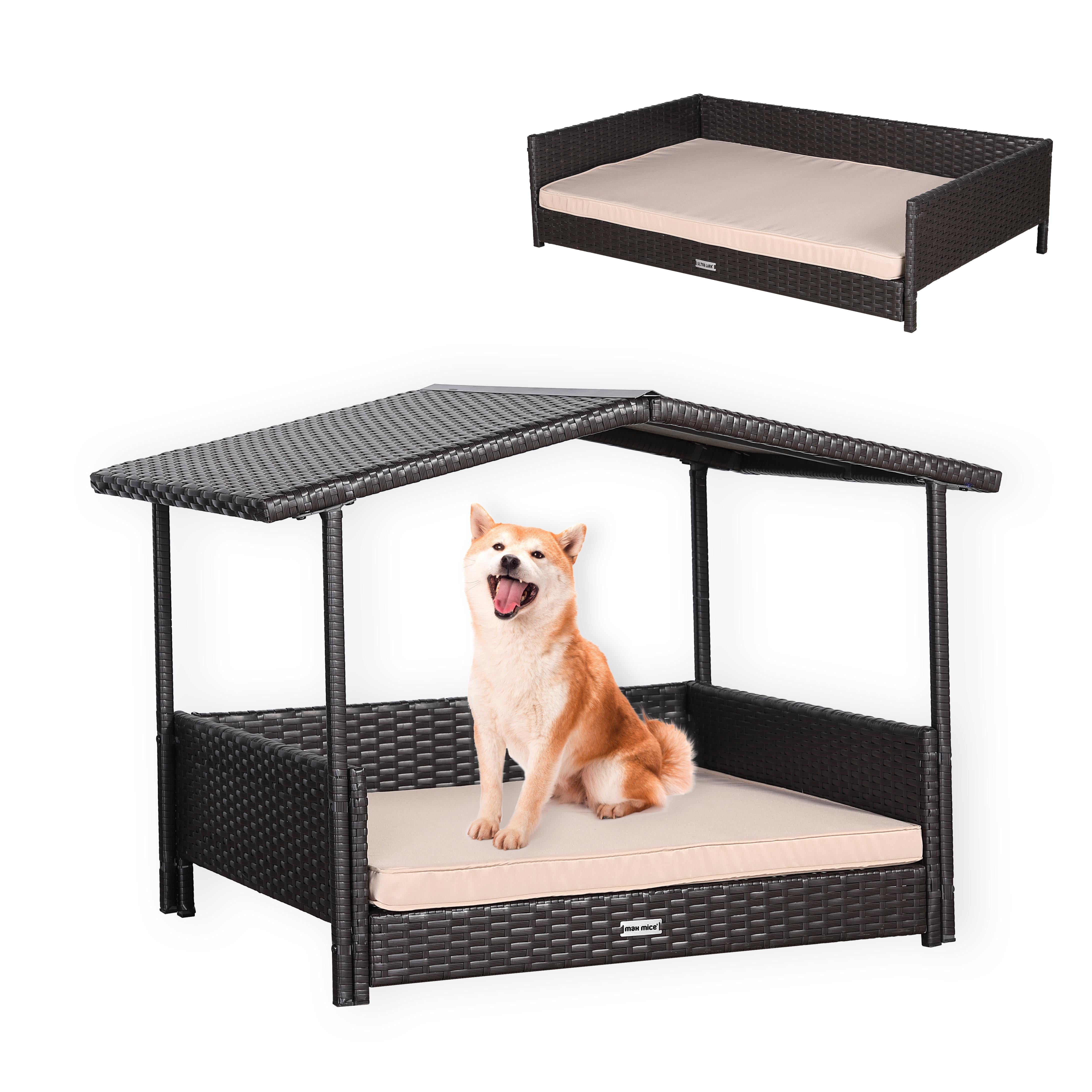 Medium Rattan Dog Bed for Indoor/Outdoor with Weatherproof Roof and Removable Cushion Lounge in Brown Weave - AMC Furniture