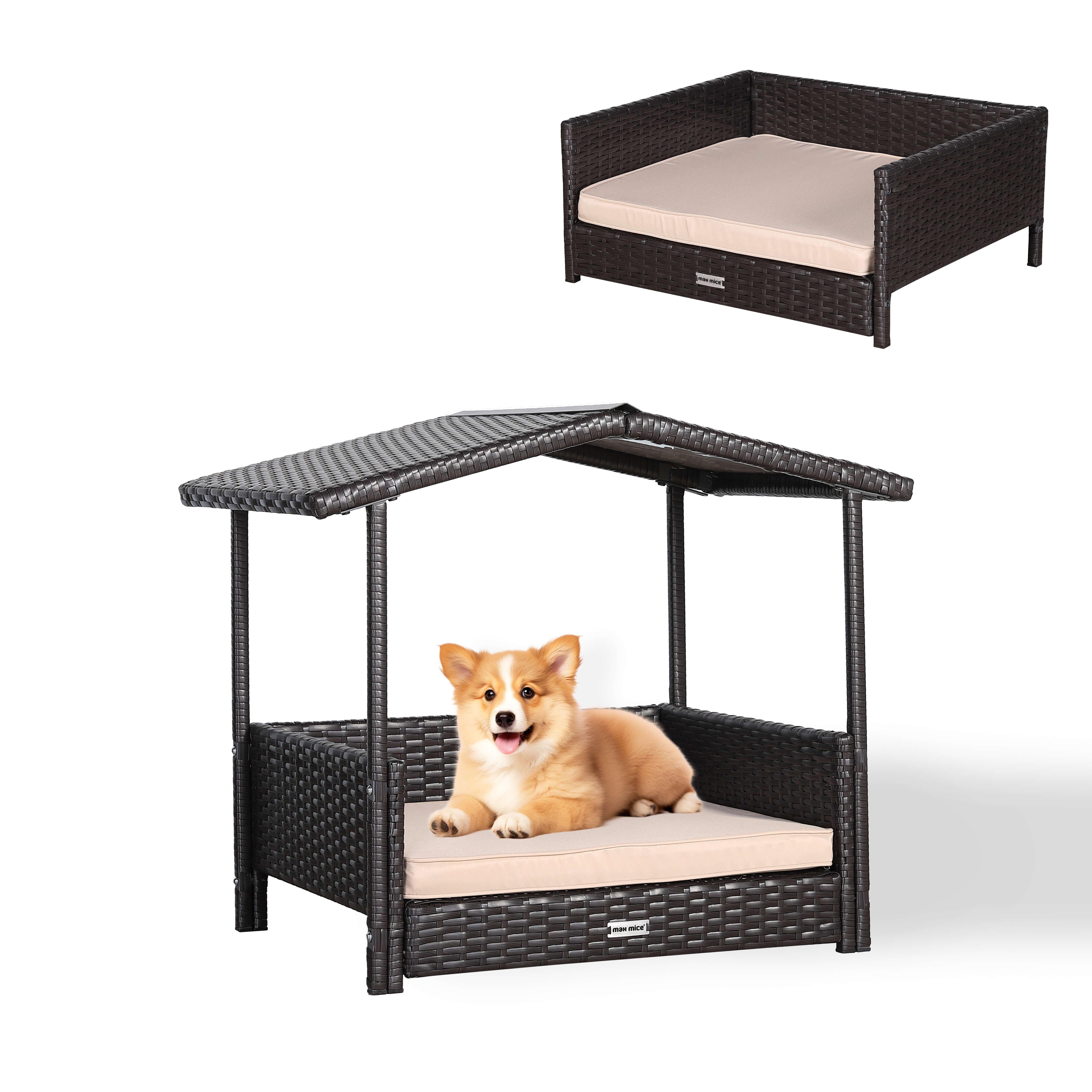 Small Rattan Dog Bed for Indoor/Outdoor with Weatherproof Roof and Removable Cushion Lounge in Brown Weave - AMC Furniture