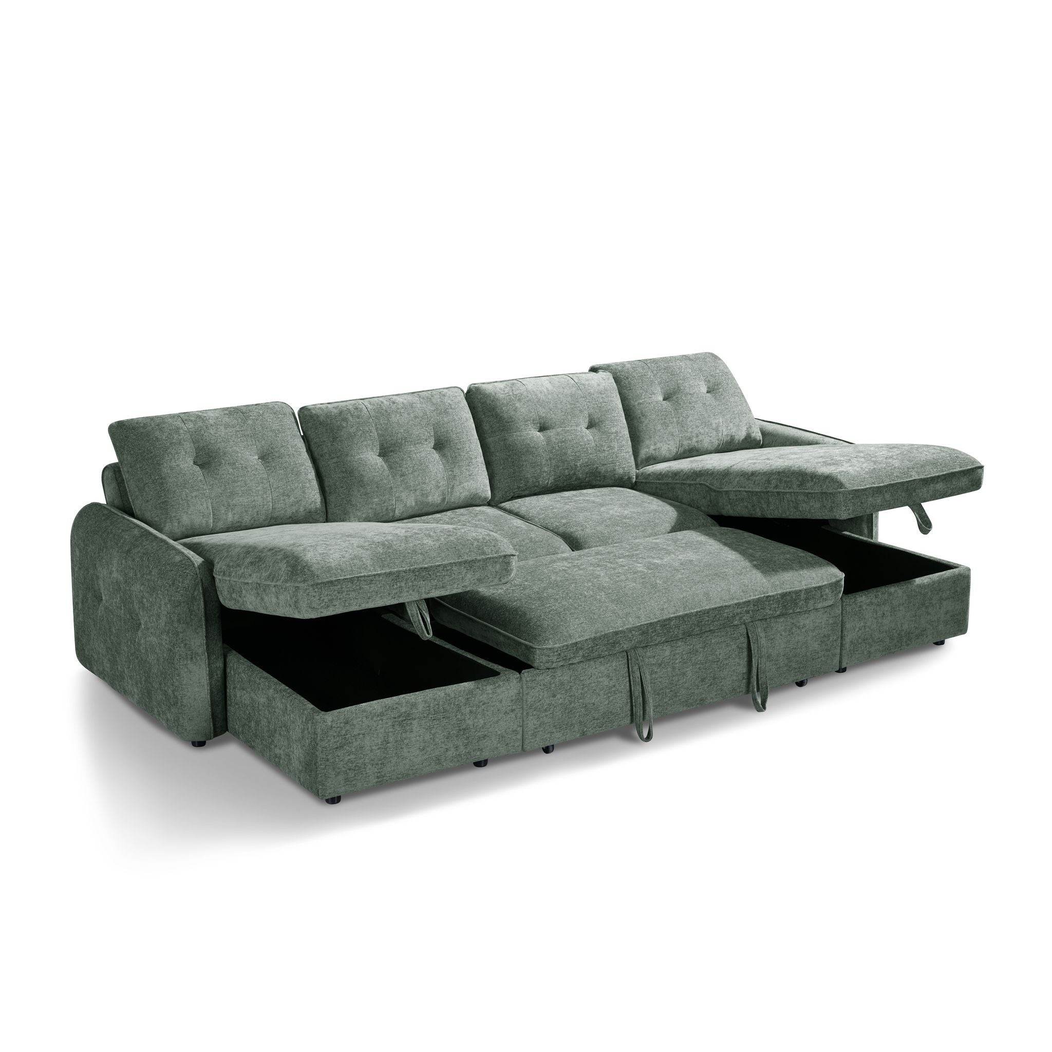 Thea U Shape Corner Sofa Bed in Green - Storage View
