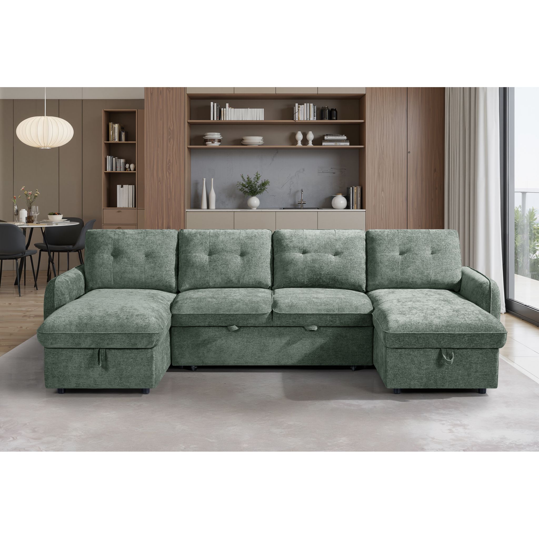 Thea U Shape Corner Sofa Bed in Green - Lifestyle Front View