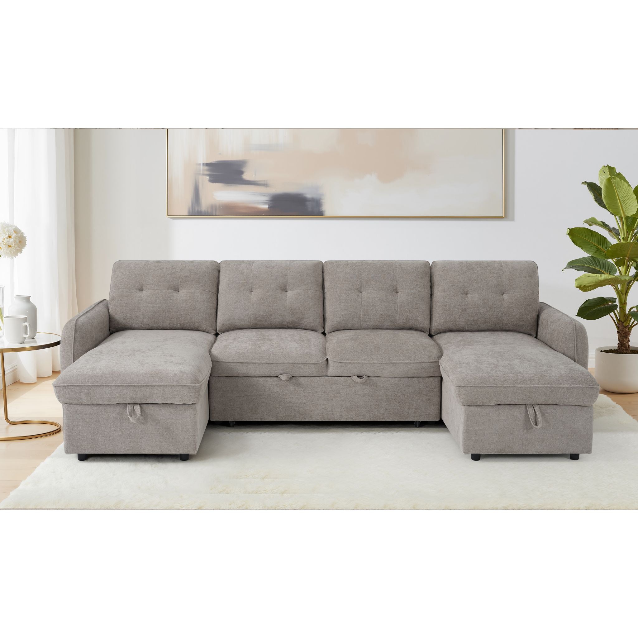 Thea U Shape Corner Sofa Bed in Beige - Lifestyle View Full Square