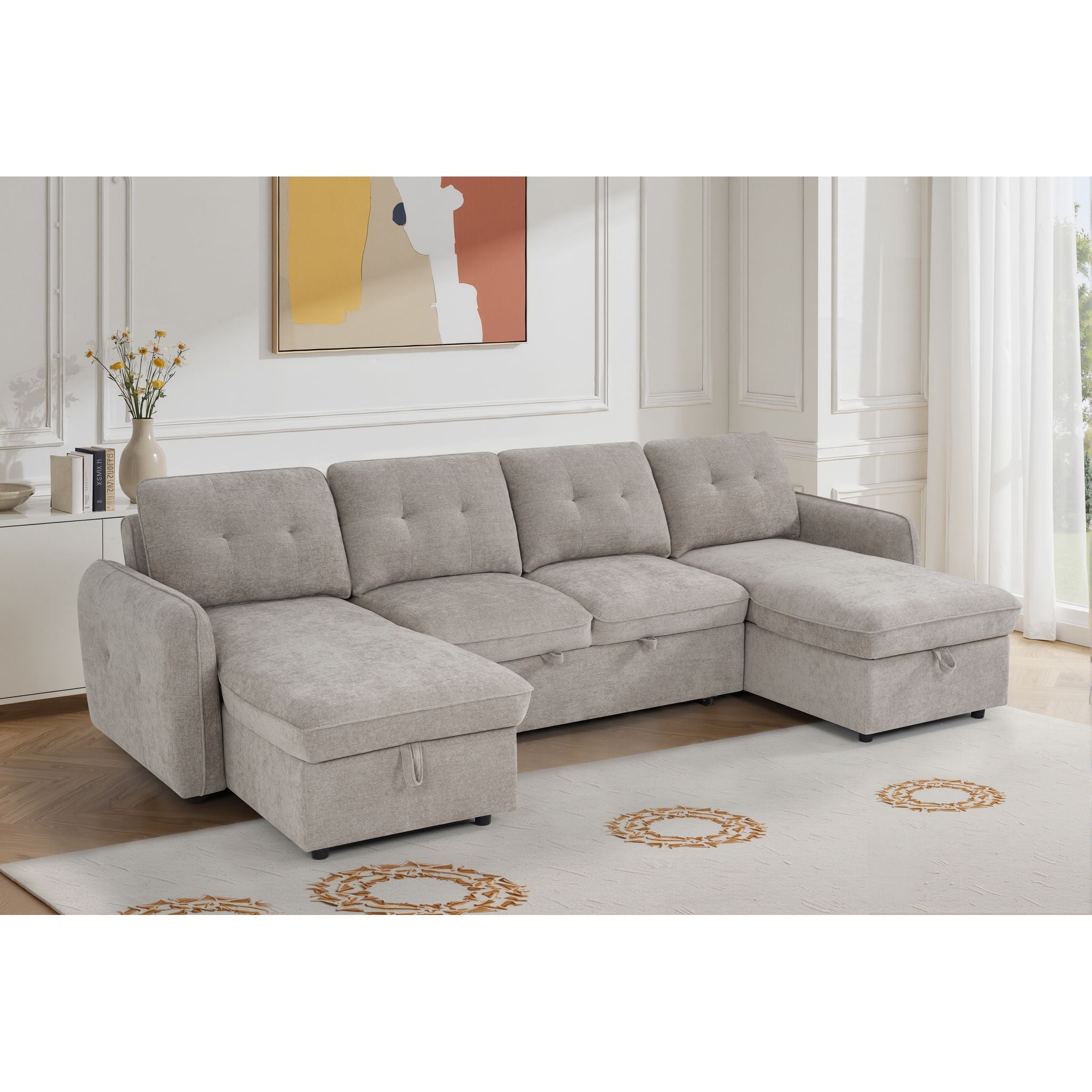 Thea U Shape Corner Sofa Bed in Beige - Lifestyle View 2 Full Square
