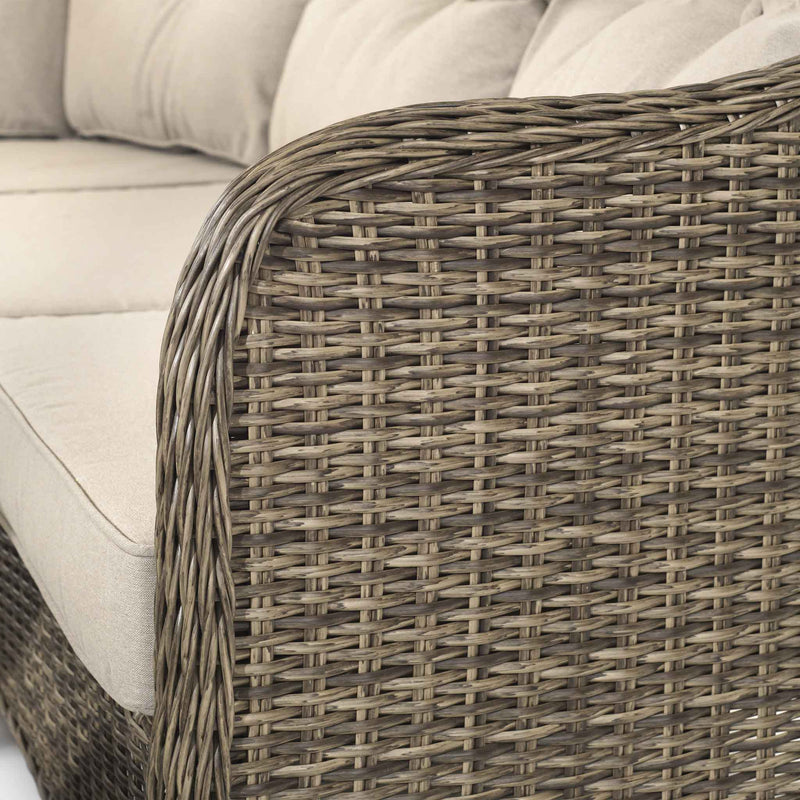 Close up of rattan Products Hazel  Corner Sofa with Rising Table and 2 Benches in Brown Rattan (6716125806656)