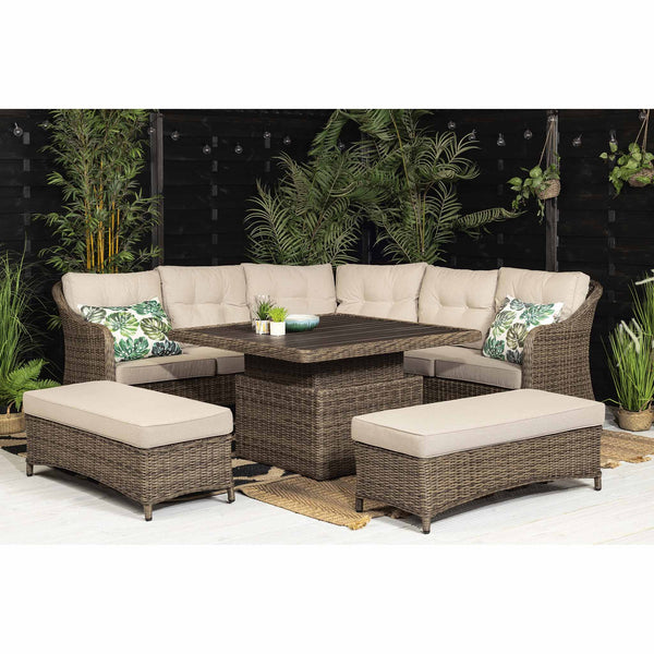 Hazel Corner Sofa with Rising Table and 2 Benches in Brown Rattan (6716125806656)