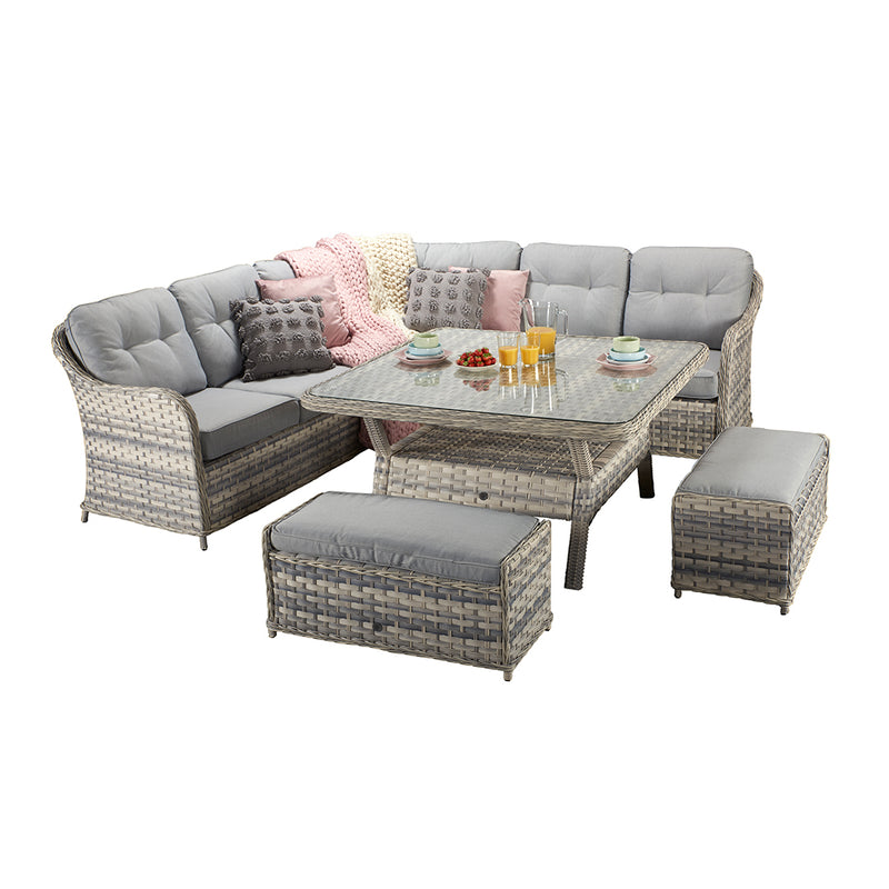 Large corner dining with benches in Silver Grey wicker with Pale Grey cushions (6722091712576)